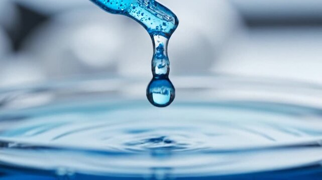 Cinematic slowmotion macro shot of glass cosmetic pipette releasing drop of vibrant blue serum liquid for skincare beauty treatment laboratory research and dermatology pharmaceutical essence.