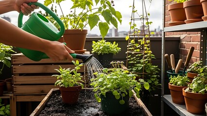 Person watering potted plants on a balcony garden with terracotta pots image