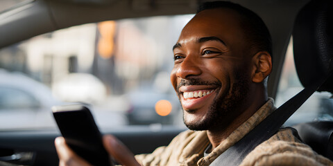 Smiling individual with dark skin tones looks away while inside a vehicle, holding a communication device in their hand, showcasing contentment and positivity in a bright, natural light setting