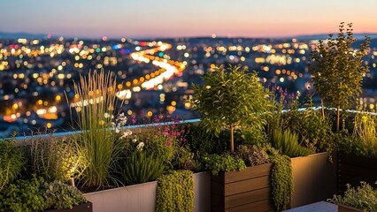 Rooftop garden with city lights bokeh at dusk urban