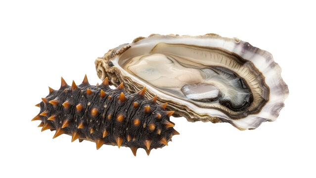 Fresh sea cucumber and open raw oyster on white background, premium seafood delicacies, high-quality marine ingredients for gourmet cooking