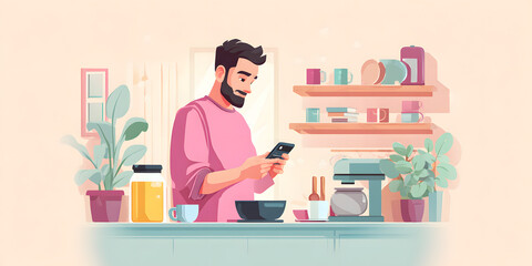A cartoon illustration portrays a person looking at their smartphone in a cozy kitchen environment, surrounded by cooking utensils, fresh produce, and decorative plants with soft pastel colors