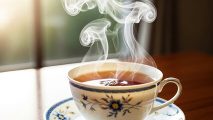 Steaming cup of tea in porcelain teacup on a saucer near a window with sunlight