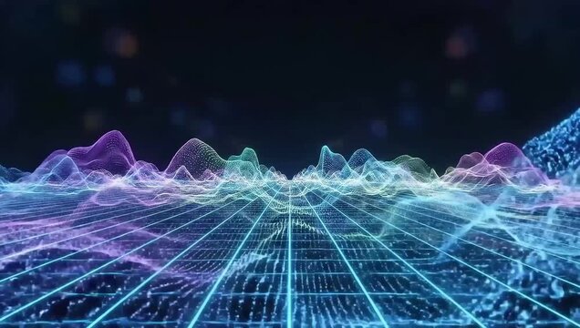 Futuristic digital landscape neon grid mountain range 3 D rendering cyberpunk virtual reality