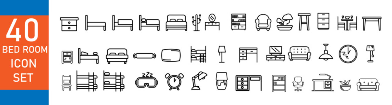 bedroom furniture icons set, thin line vector symbols for interior design, home decor, and sleeping furniture items