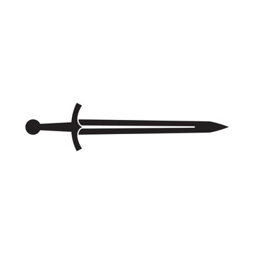 A simple black silhouette of a classic medieval sword on a white background