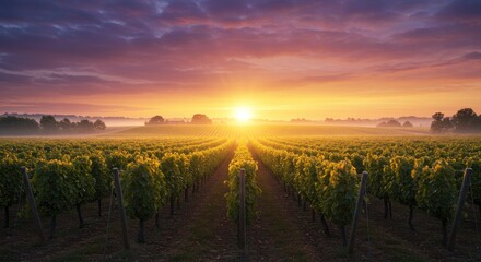 Fototapeta premium Vineyard landscape at sunrise golden hour with sun rays and rows of grape vines