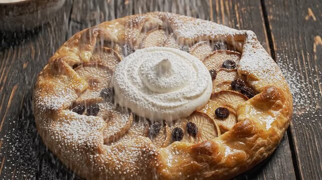 Cinematic overhead perspective of a rustic homemade apple galette tart topped with juicy raisin and dollops of fresh white cream, delicious fruit pastry dessert served on a textured surface.
