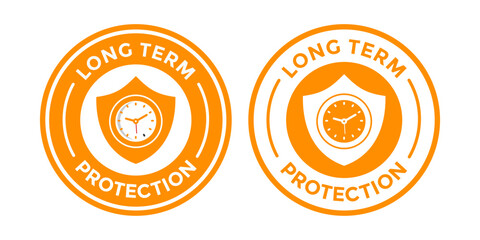 Obraz premium Long term protection badge with clock and shield. Vector icon representing extended warranty, durability guarantee, and time-based security coverage.