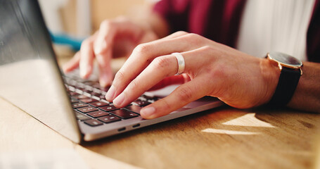 Hands, person and typing on laptop at house for research, editing article and email editor. Journalist, remote work or pc for schedule update, proofreading draft and review newsletter for publication
