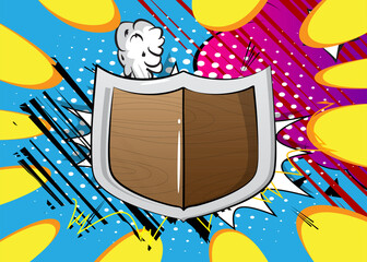 Cartoon Shield, comic book metal. Retro vector comics pop art design.