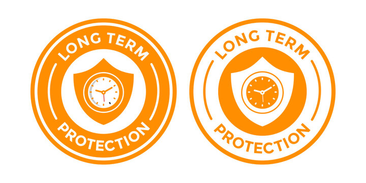 Long term protection badge with clock and shield. Vector icon representing extended warranty, durability guarantee, and time-based security coverage.