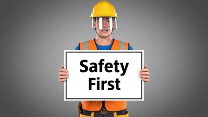 Construction worker wearing safety gear holding a sign that reads Safety First