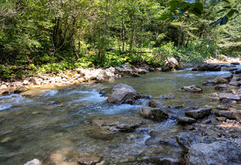 a mountain river with a rushing stream and waterfalls in the warm season in nature