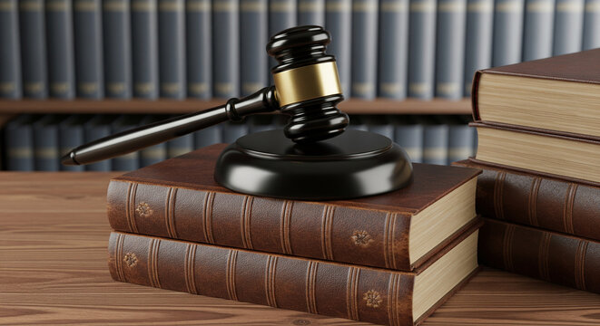 Justice and law concept with a gavel resting on old legal books in a library setting
