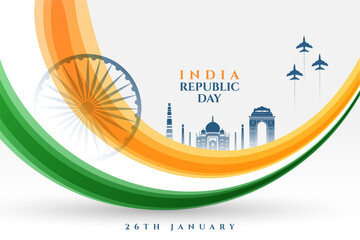 india republic day greeting background with indian monuments and jets
