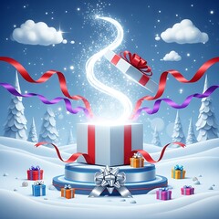 Whimsical winter scene with an enchanted gift box opening to reveal sparkling magic. Colorful presents, snow, trees, and ribbons create a festive holiday atmosphere.