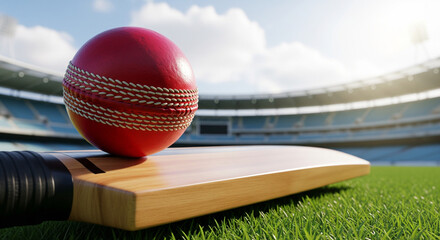 Close-up of a red cricket ball resting on a wooden bat on a green field
