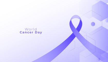 world cancer day medical background with purple ribbon and hexagonal shapes