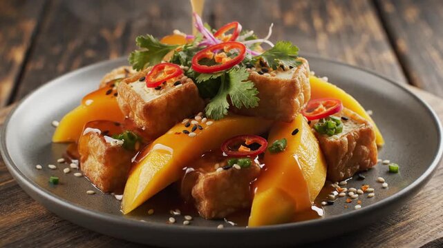 Cinematic overhead view of crispy golden fried tofu cube paired with juicy fresh mango slice and colorful vibrant garnish served on a plate for a delicious gourmet vegetarian appetizer