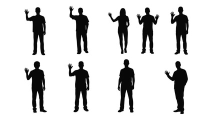 Silhouettes of people with arms raised in various gestures against a white background