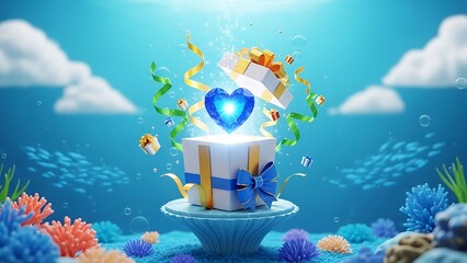 Captivating underwater fantasy with a gift box unveiling a radiant blue heart, streamers, and tiny presents. Surrounded by beautiful coral and schools of fish in clear blue water.