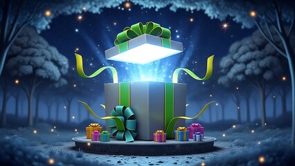 A magical gift box opens with a glowing light in an enchanted, star-lit forest, surrounded by smaller presents. Captures surprise, wonder, and festive magic.