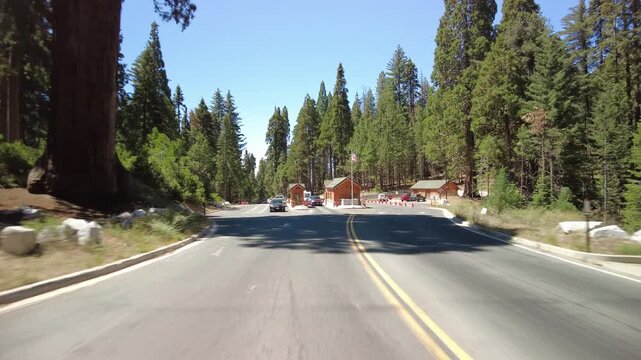 Kings Canyon Scenic Byway West Section 21 Eastbound MultiCam Rear View Big Stump Entrance Driving Plate California USA