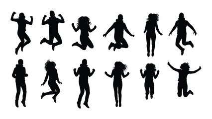 Diverse group of people in jumping poses shown as black silhouettes