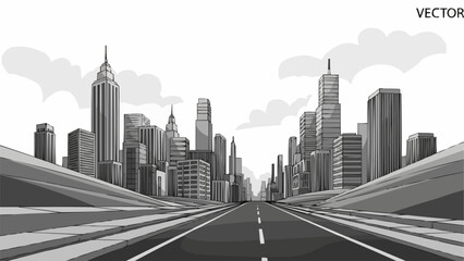 Obraz premium Modern Cityscape Skyline with Road Leading to Skyscrapers.