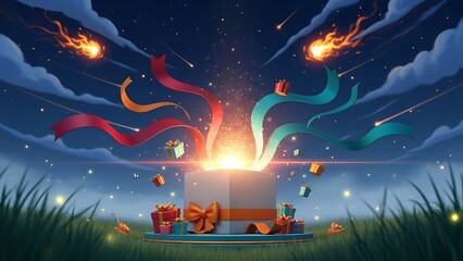 Magical glowing gift box opens, revealing presents and colorful ribbons under a starry night sky with meteors, clouds, and twinkling grass.