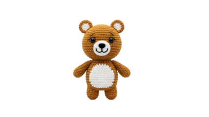 Adorable brown crocheted teddy bear with white accents and a friendly smile stands on a white background showcasing its cute design and charming expression.