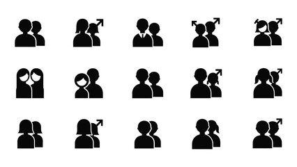 Black silhouettes depicting various arrangements of people including couples and groups