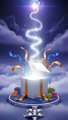 An enchanting scene features a radiant gift box unveiling a sparkling light path reaching towards the stars. Colorful presents add to this dreamlike holiday and celebration theme.