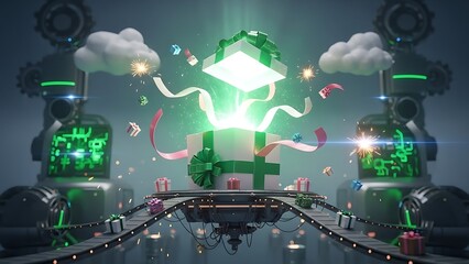 Step into a fantastical gift factory where a radiant present opens with green light, accompanied by ribbons