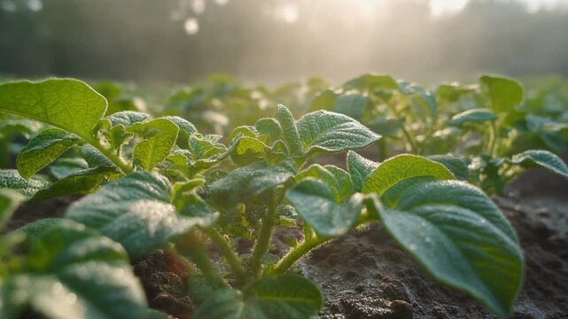 Close-up view of young green potato plants growing in a field under the warm morning sun.