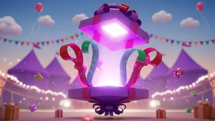 A magical open gift box glowing with light, colorful ribbons, and sparkles at a festive carnival. Perfect for birthdays, holidays, or surprise events. Whimsical 3D rendering.