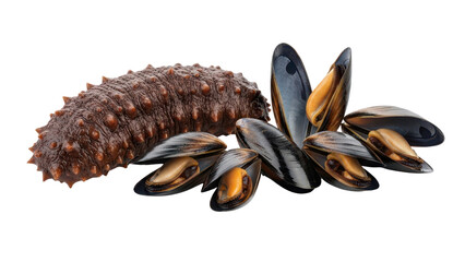 Naklejka premium Fresh Sea Cucumber and Mussels Seafood Product Shot isolated PNG with Transparent Background