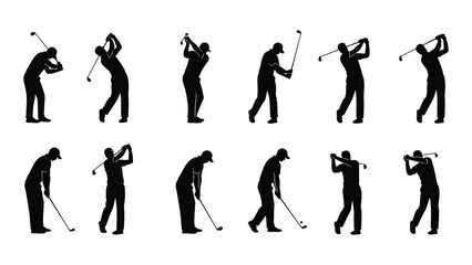 Silhouettes of golfers demonstrating various stages of a golf swing in action