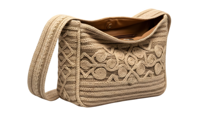 Elegant beige woven tote bag featuring intricate crochet design perfect for casual outings and daily use with a stylish long strap and spacious interior.