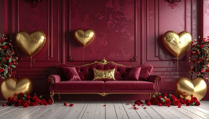 DESIGN featuring royal Valentine décor, deep burgundy backdrop, gold foil heart accents, elegant romantic atmosphere, high-detail professional capture
