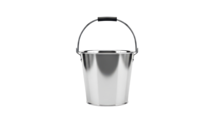 Shiny Silver Metal Bucket with Black Handle Product Shot isolated PNG with Transparent Background