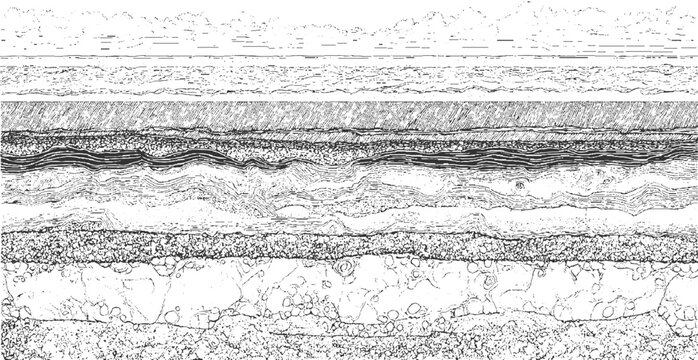 Detailed monochrome cross-section of earth layers showing varied textures from granular soil to distinct rock strata with fine linework and hatching