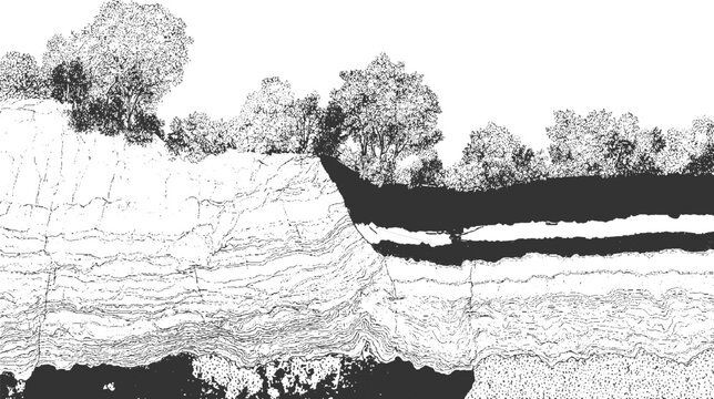 Detailed cross-section of geological strata showing layers of rock and soil with trees on the surface and a fault line