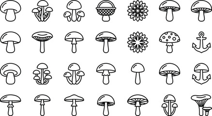 Hand drawn mushroom icon set, cute doodle fungi collection, simple outline style, nature elements, vector illustration pack