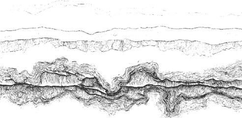 Detailed monochromatic of complex geological strata with sharp angles and layered formations, evoking a sense of natural history and scientific study
