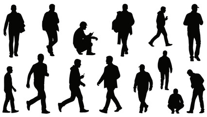 Black silhouettes of people walking, running, sitting, and standing for ui design and infographics, vector icons