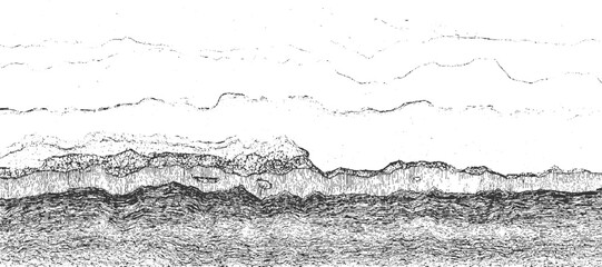Abstract geological cross-section with undulating layers and textured bands, rendered in a monochromatic line style, suggesting natural formations and depth