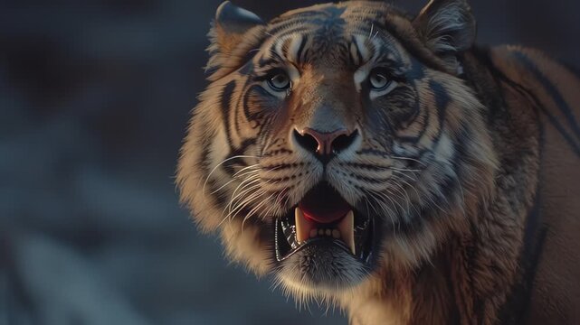 Dramatic close up profile of a powerful Saber tooth tiger face