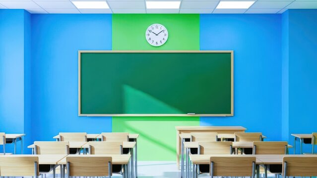 Modern Empty Elementary School Classroom Interior with Blue Walls Green Chalkboard and Student Desks